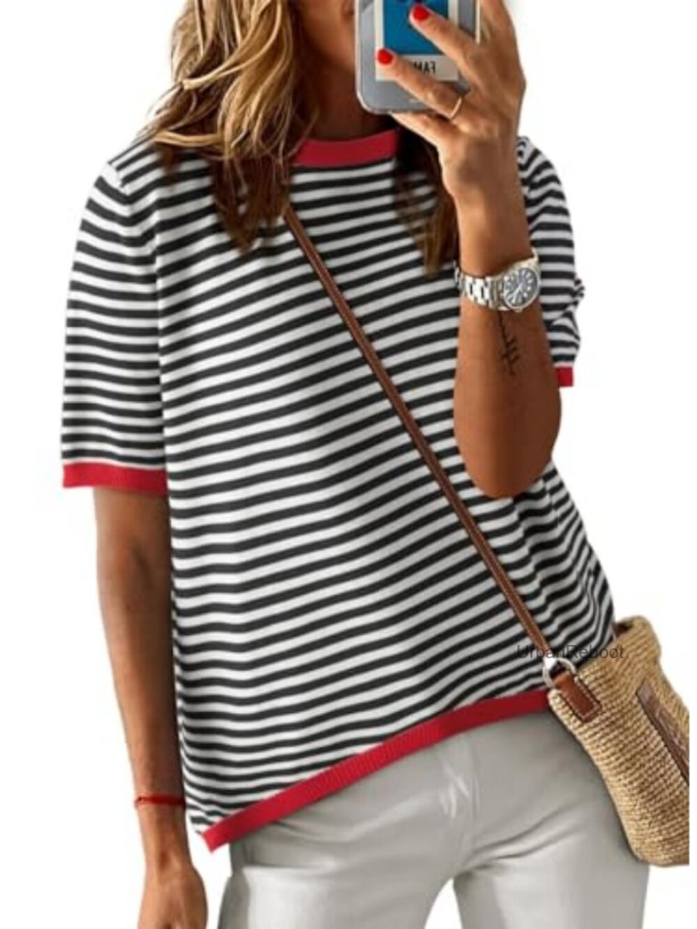 Women's Striped Color Block Knit Pullover - Crewneck Short Sleeve High Low Hem
